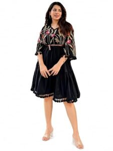 PROBEROS Women's Rayon Floral Embroidered Knee-Length Dress